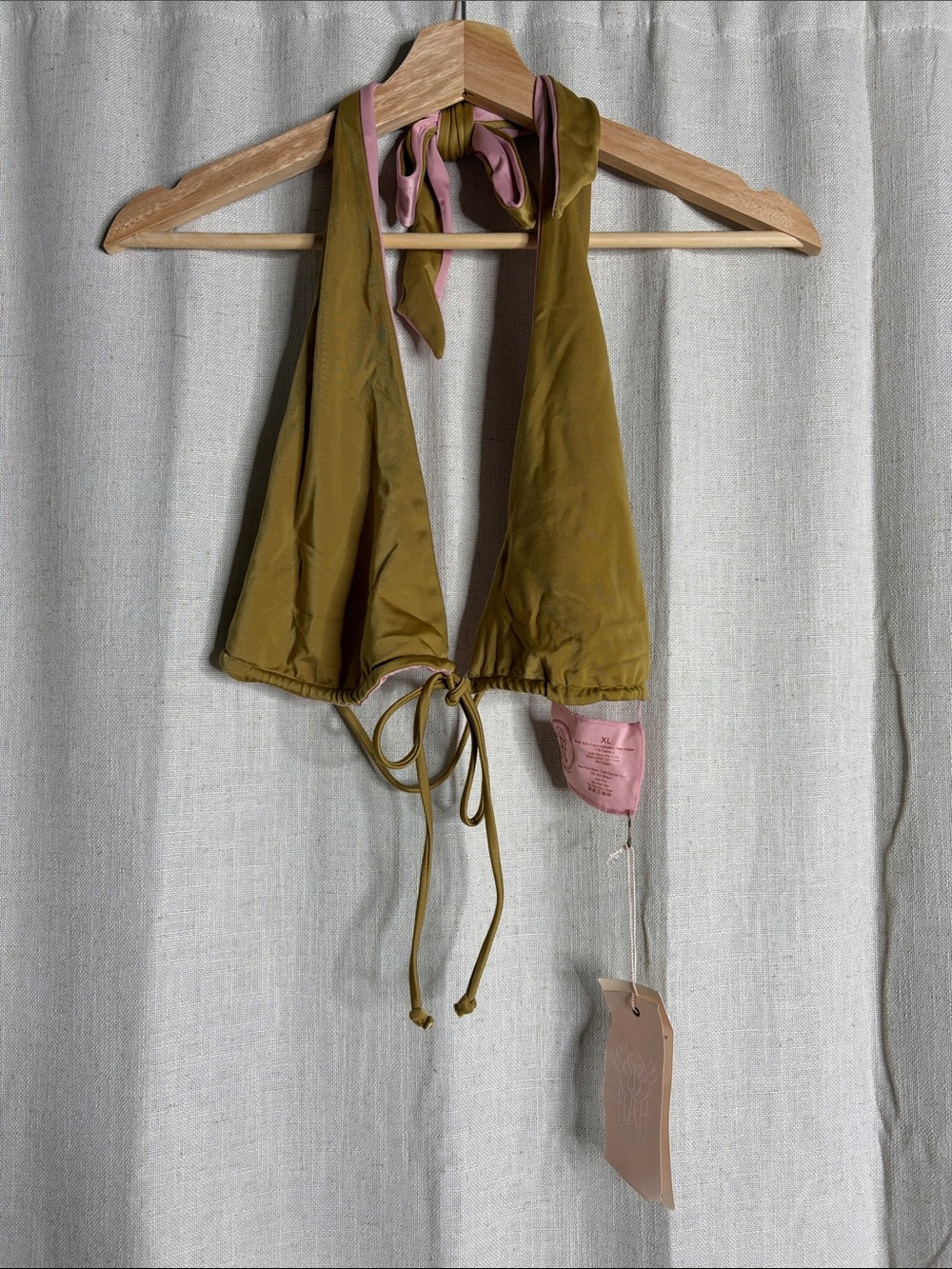 Women’s Olive Green Halter Bikini Top with Pink Accent